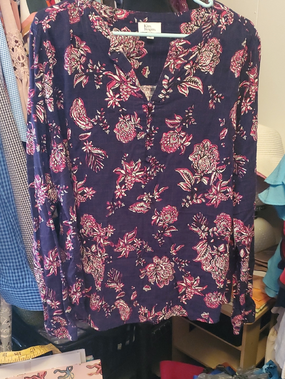 Kim Rogers Navy Floral V-Neck Tunic with Pink Accents
